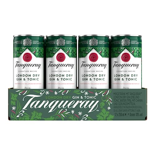 Tanqueray London Dry Gin & Tonic | erfrischendes Mixgetränk für den Sommer | Jetzt trinkfertig in der handlichen Dose für unterwegs | 10% vol | 12 x 250 ml EINWEG Mehrverpackung | von Tanqueray