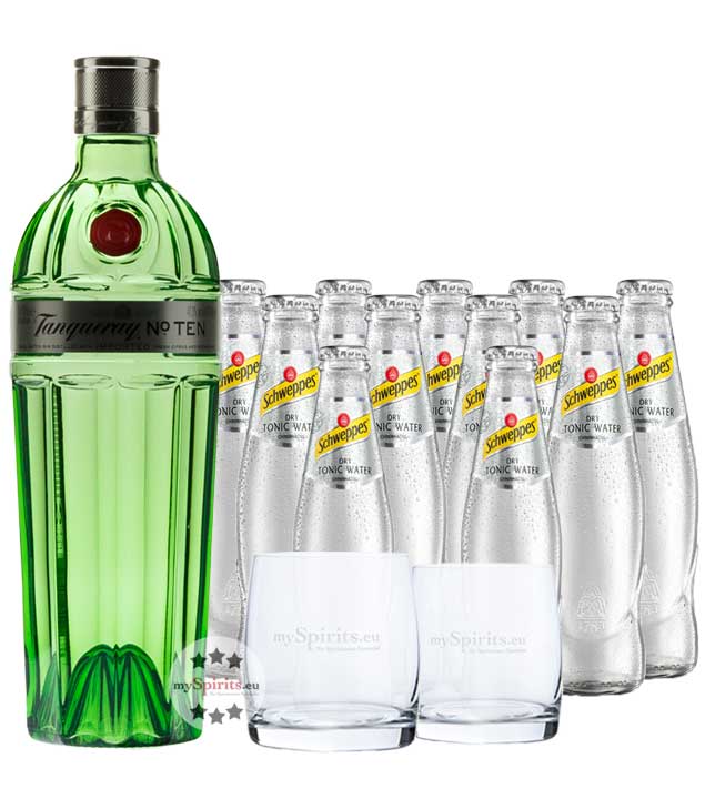 Tanqueray No. 10 Gin & 11 x Schweppes Dry Tonic & Gläser (47,3 % Vol., 2,9 Liter) von Tanqueray