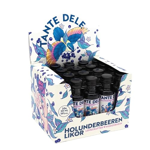 Tante Dele Holunderbeeren-Likör | Süßer Geschmack dunkler Holunderbeeren mit Hauch von Vanille | 100% natürlich | Hergestellt am Niederrhein | Mini-Tray 20x20ml | 19% Vol. (Mini-Tray 20 x 20ml) von Tante Dele