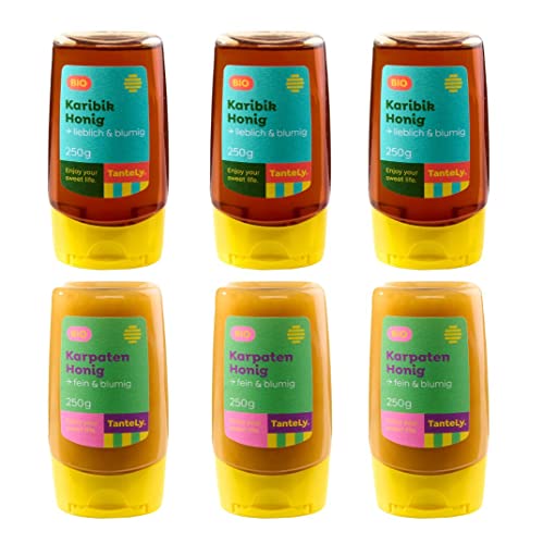 TanteLy Bio Probier Set mit je 3 x Karibik- und 3 x Karpaten Honig Spender (6 x 250 g) von TanteLy