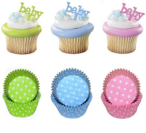 Cupcake-Einlagen und Topper für Babyparty, Gender Reveal Party – genug für 60 Cupcakes ("Baby", Rosa, Blau und Grün) von Taradactile