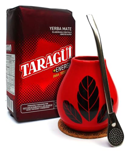 Taragui Energia yerba-mate tee set | Argentinien yerba mate tee Taragui Energia loose leaf 500g | Keramik becher Hoja Rot 350ml kalebasse mate tasse | Edelsahl trinkhalm Bombilla 19cm und korkpad von Taragui
