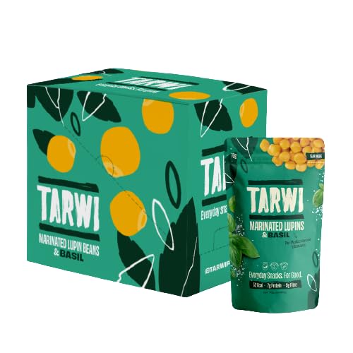 Tarwi 100% natürliche Lupinen mit Basilikum Eiweißreicher Keto Snack Zuckerarmer Beutel Pflanzliches Eiweiß Kohlenhydratarmer Ballaststoffreicher Veganer Snack Marinierte Lupinibohnen - 12 x 70g von Tarwi