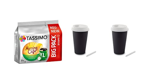 Tassimo XL Morning Café XL MORNING CAFÉ FILTER XL , 21 Kaffee Kapseln im Big Pack, 163.8 g plus 4 Gläser mit Henkel metallic 380ml von Tassimo XL