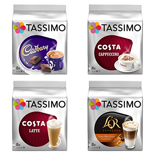 Tassimo Costa Cappuccino + Cadbury + Costa Latte + L'Or Latte Macchiato Caramel x 4 Favourite Packs, Total 56 Discs von Tassimo