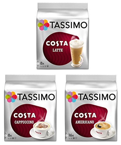 Tassimo Costa Variety Pack von 3, Latte, Americano, Cappuccino, 32 Drinks von Tassimo