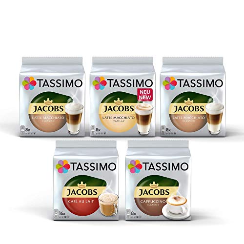 'Tassimo Jacobs Lovers Sortenpackung Kaffeekapseln - Tassimo Jacobs Latte Macchiato, Latte Macchiato Vanilla, Café Au Lait, Cappuccino Classico - 5 Packungen (48 Portionen) von Tassimo