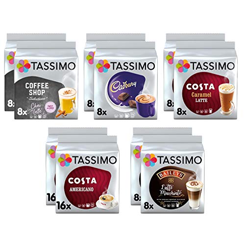 Tassimo Kaffeesortiment – Costa Americano/Caramel Latte, Cadbury Choco, Chai Latte (neues Design), Baileys Latte Macchiato Kapseln – 10 Packungen (96 Getränke) von Tassimo