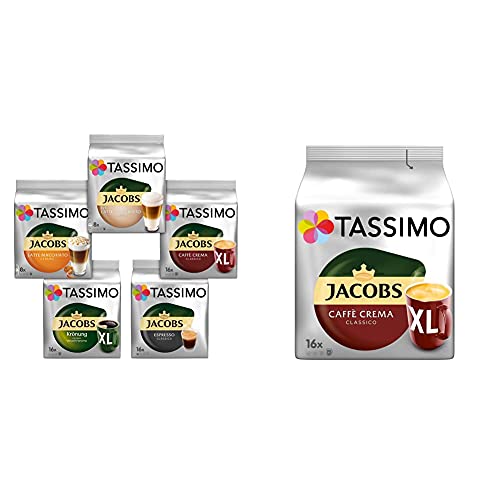 Tassimo Kapseln, Probierbox mit 5 Sorten für 64 Getränke, 5er Vielfaltspaket & Kapseln Jacobs Caffè Crema Classico XL, 80 Kaffeekapseln, 5er Pack, 5 x 16 Getränke von Tassimo