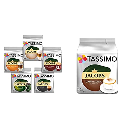 Tassimo Kapseln, Probierbox mit 5 Sorten für 64 Getränke, 5er Vielfaltspaket & Kapseln Jacobs Cappuccino Classico, 40 Kaffeekapseln, 5er Pack, 5 x 8 Getränke von Tassimo