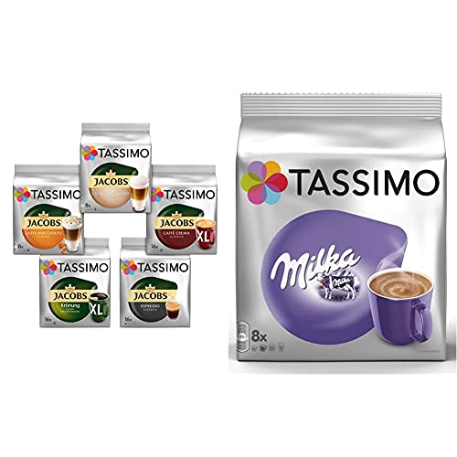 Tassimo Kapseln, Probierbox mit 5 Sorten für 64 Getränke, 5er Vielfaltspaket & Kapseln Milka, 40 Kakao Kapseln, 5er Pack, 5 x 8 Getränke von Tassimo
