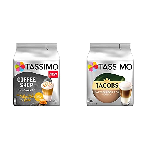 Tassimo Kapseln Coffee Shop Selections Toffee Nut Latte, 40 Kaffeekapseln, 5er Pack, 5 x 8 Getränke & Kapseln Jacobs Typ Latte Macchiato Classico, 40 Kaffeekapseln, 5er Pack, 5 x 8 Getränke von Tassimo