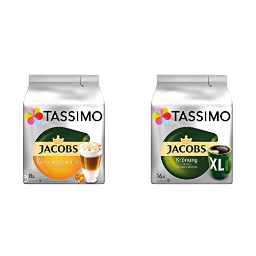 Tassimo Kapseln Jacobs Typ Latte Macchiato Caramel, 40 Kaffeekapseln, 5er Pack, 5 x 8 Getränke & Kapseln Jacobs Krönung XL, 80 Kaffeekapseln, 5er Pack, 5 x 16 Getränke von Tassimo