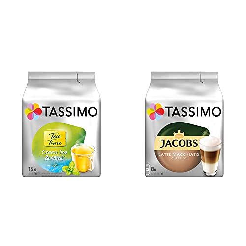 Tassimo Kapseln Tea Time Grüner Tee mit Minze, 5er Pack (5 x 16 Getränke) & Kapseln Jacobs Typ Latte Macchiato Classico, 40 Kaffeekapseln, 5er Pack, 5 x 8 Getränke von Tassimo