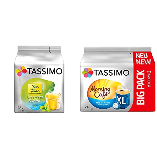 Tassimo Kapseln Tea Time Grüner Tee mit Minze, 5er Pack (5 x 16 Getränke) & Morning Café XL Mild & Smooth, 5er Pack Kaffee Kapseln im Big Pack (5 x 21 Getränke) von Tassimo