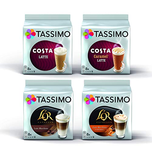 Tassimo Latte Bundle – Costa Latte/Costa Caramel Latte/L'Or Latte Macchiato/Latte Macchiato Caramel Kaffeepads – 4 Packungen (32 Portionen) von Tassimo