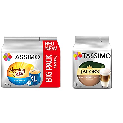 Tassimo Morning Café XL Mild & Smooth, 5er Pack Kaffee Kapseln im Big Pack (5 x 21 Getränke) & Kapseln Jacobs Typ Latte Macchiato Classico, 40 Kaffeekapseln, 5er Pack, 5 x 8 Getränke von Tassimo