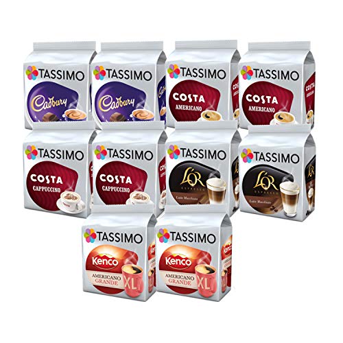 Tassimo Sortenauswahl – Costa Cappuccino / Costa Americano / Cadburys Hot Chocolate / Kenco Americano Grande XL / L Or Latte Macchiato Pods – 10 Packungen (112 Getränke) von Tassimo
