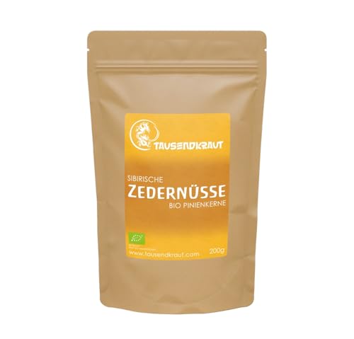 Tausendkraut PREMIUM BIO Zedernüsse - 200g - Pinienkerne - Beste Qualität - Hohe Produktsicherheit - BIO-Zertifiziert - Deutsches Unternehmen - Von der sibirischen Zirbelkiefer von TAUSENDKRAUT FÜR MEHR LEBENSQUALITÄT!