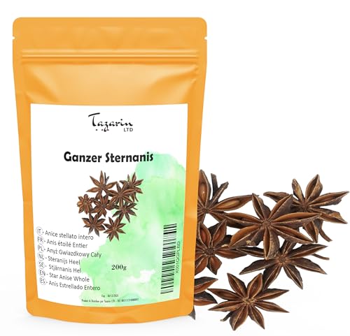 200g Ganzer Sternanis - Badiane - Sternanis Kapseln - Intensives Aroma & Geschmack - Infusion, Tee und Hausrezepte - Erste Wahl - Illicium Verum - 100% Natürlich | Premiumqualität - TazainLTD von Tazarin LTD