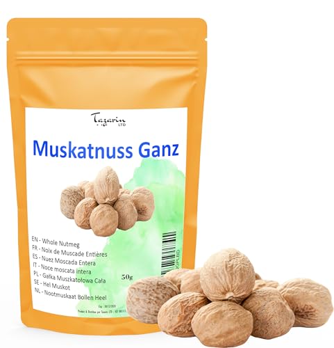 50g Muskatnuss Ganz - Muskat - Muskatnüsse Ganz - Ganze Nutmegs - Intensives Aroma & Geschmack - 100% Natürlich, Rein und Ohne Zusatzstoffe | Top Qualität - TazarinLtd 50g Muskatnuss Ganz - Muskat - Muskatnüsse Ganz - Ganze Nutmegs - Intensives Aroma & Geschmack - 100% Natürlich, Rein und Ohne Zusatzstoffe | Top Qualität - TazarinLtd von Tazarin LTD