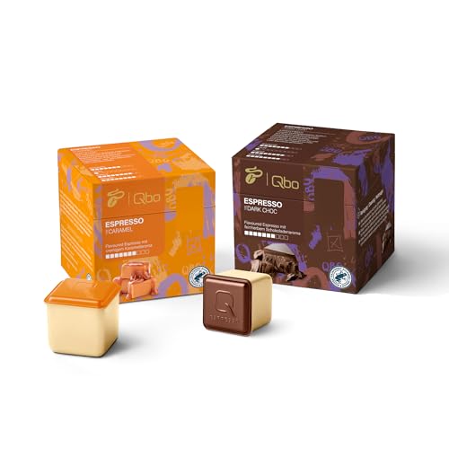 Tchibo Qbo Probierset Espresso Caramel & Dark Chocolate Premium Kaffeekapseln, je Sorte 2x8 Stück (Espresso, Intensität 7/10, aromatisch und schokoladig) nachhaltig, aus 70% nachwachsenden Rohstoffen von Tchibo