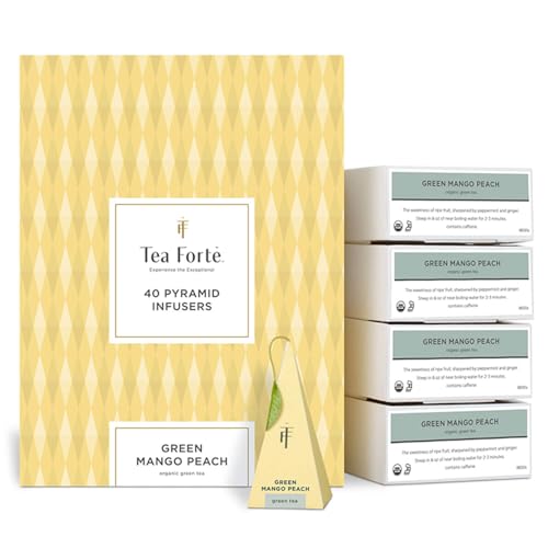 Tea Forte Green Mango Peach | Packung mit 40 Aufgusspyramiden | Grüner Bio-Tee von Tea Forte