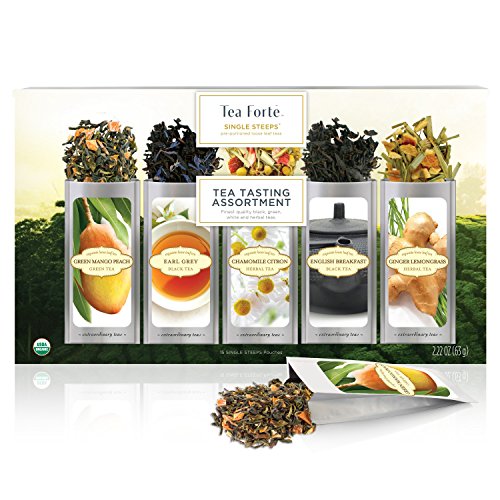 Tee-Probierbox SINGLE STEEPS von Tea Forté, gemischte Teesorten in einer Teekiste, für 15 Tassen Tee – Schwarzer Tee, Grüner Tee, Weißer Tee und Kräutertee von Tea Forte