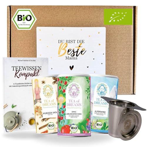 Muttertagsgeschenk 'Beste Mama' Bio-Tee – 3 Bio-Tees, Edelstahl-Teesieb & 48-seitiges Magazin 'Teewissen Kompakt' – Einzigartiges Dankeschön Geschenk für Tee-Liebhaber von Tea of Dreams