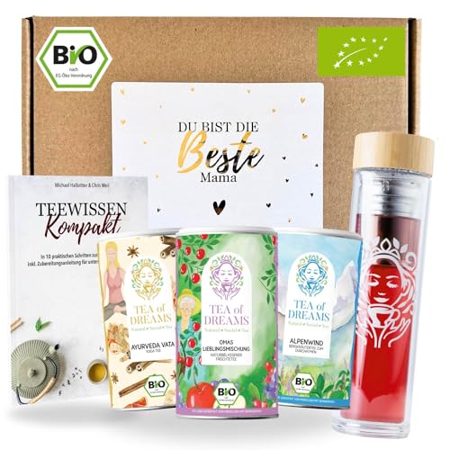 Tee Geschenk Muttertag 'Beste Mama' – 3 Bio-Tees, Teeflasche To-Go & 48-seitiges Magazin 'Teewissen Kompakt' – Einzigartiges Dankeschön Geschenk für Tee-Liebhaber von Tea of Dreams
