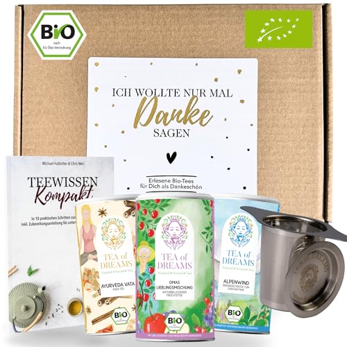 Tee Geschenkset 'Danke' – 3 Bio-Tees, Edelstahl-Teesieb & 48-seitiges Magazin 'Teewissen Kompakt' – Einzigartiges Dankeschön Geschenk für Tee-Liebhaber von Tea of Dreams