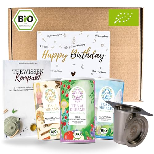 Tee Geschenkset 'Happy Birthday' – 3 Bio-Tees, Edelstahl-Teesieb & 48-seitiges Tee Magazin – Das ultimative Geburtstagsgeschenk für Tee-Liebhaber von Tea of Dreams