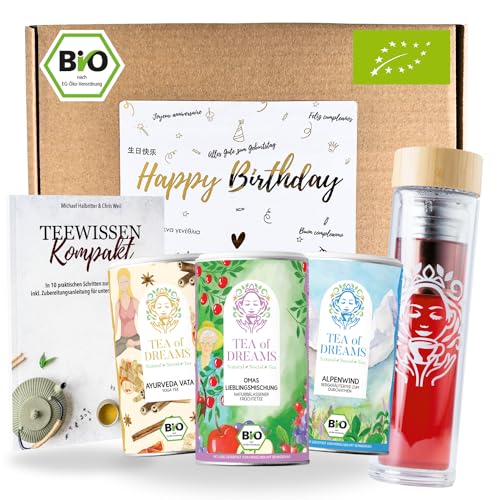 Tee Geschenkset 'Happy Birthday' – 3 Bio-Tees, Teeflasche To-Go & 48-seitiges Tee Magazin – Das ultimative Geburtstagsgeschenk für Tee-Liebhaber von Tea of Dreams