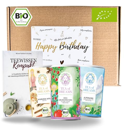 Tee Geschenkset 'Happy Birthday' – 3 Bio-Tees & 48-seitiges Magazin 'Teewissen Kompakt' – Das ultimative Geburtstagsgeschenk für Tee-Liebhaber von Tea of Dreams