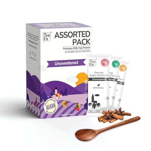 TeaFit Premium Unsweetened Assorted Instant Tea Premix - 12 Single Serve Sachets | Ginger-Cardamom-Masala-Lemongrass | Ready to Drink Instant, Home Like Chai, No Added Sugar von TeaFit
