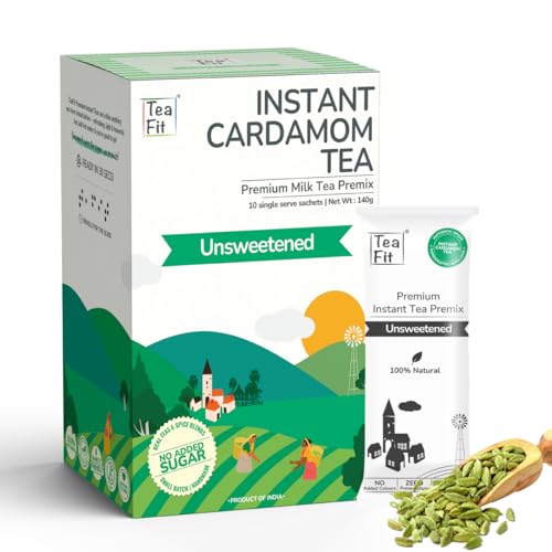 TeaFit Premium Unsweetened Cardamom Instant Tea Premix - 10 Single Serve Sachets | Ready to Drink Instant Milk Tea Premix | Home Like Elaichi Chai | No Added Artificial Sugar von TeaFit