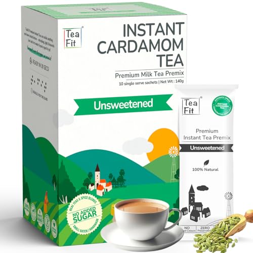 TeaFit Premium Unsweetened Cardamom Instant Tea Premix - 10 Single Serve Sachets | Ready to Drink Instant Milk Tea Premix | Home Like Elaichi Chai | No Added Artificial Sugar von TeaFit