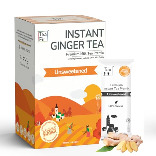 TeaFit Premium Unsweetened Ginger Instant Tea Premix - 10 Single Serve Sachets | Ready to Drink Instant Milk Tea Premix | Strong Home Like Adrak Chai | No Added Artificial Sugar von TeaFit