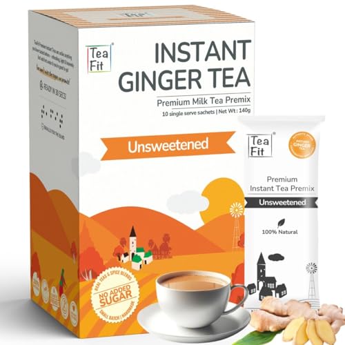 TeaFit Premium Unsweetened Ginger Instant Tea Premix - 10 Single Serve Sachets | Ready to Drink Instant Milk Tea Premix | Strong Home Like Adrak Chai | No Added Artificial Sugar von TeaFit