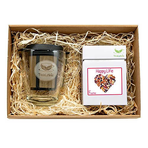 TEALAVIE – Tee Geschenk Set Ostern - TeaForOne Happy Life | Stilvolles Tee-Glas mit Dauerfilter und exklusiver Teedose – 100g Früchtetee - Tea-For-One-Set von TeaLaVie