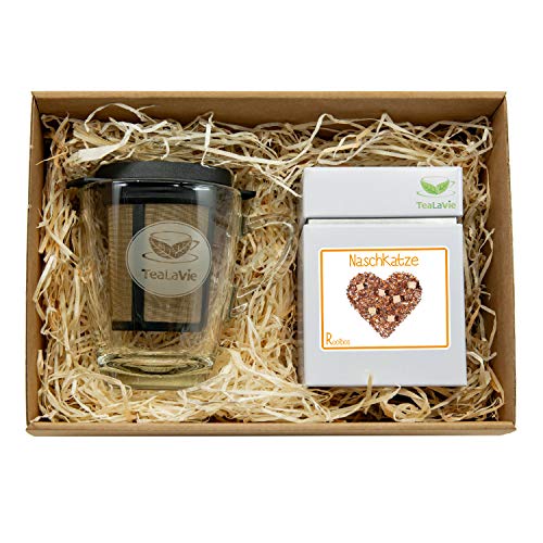 TEALAVIE – Tee Geschenk Set - TeaForOne Naschkatze | Stilvolles Teeglas mit Dauerfilter und exklusiver Teedose – 100g Rooibos Karamell – Tea-For-One-Set mit Sieb von TeaLaVie