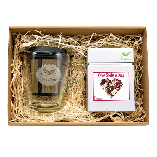 TEALAVIE – Tee Geschenk Set - TeaForOne One Smile A Day | Stilvolles Teeglas mit Dauerfilter und exklusiver Teedose – 100g Früchtetee - Tea-For-One-Set - Passt immer 2024 von TeaLaVie