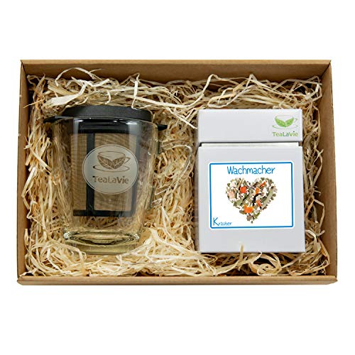 TEALAVIE – Tee Geschenk Set - TeaForOne Set Wachmacher | Stilvolles Tee-Glas mit Dauerfilter und exklusiver Teedose – 60g Kräutertee – Tea-For-One-Set von TeaLaVie