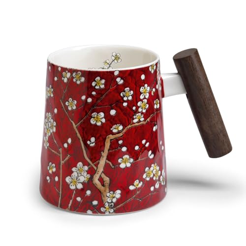 Tea Logic | Porzellan Henkelbecher mit Holzgriff | Teetasse mit asiatischem Mandelblüten Motiv | Dunkelrot | für 0,4l Inhalt Tea Logic | Porzellan Henkelbecher mit Holzgriff | Teetasse mit asiatischem Mandelblüten Motiv | Dunkelrot | für 0,4l Inhalt von TeaLogic - White Cherry