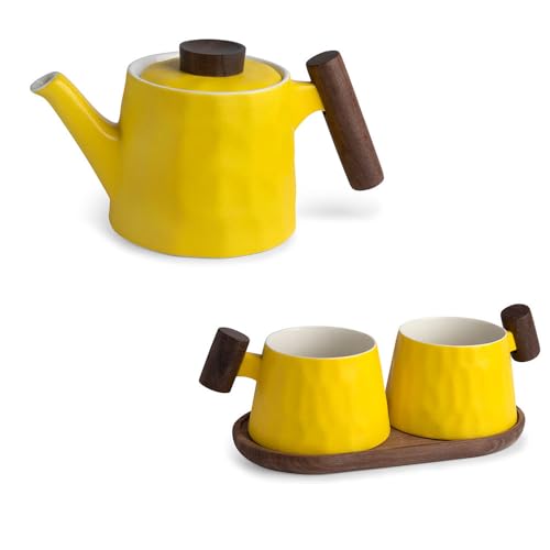 Tee-Set Frühling | Teekanne mit 2 Teetassen und Holzuntersetzer 4tlg. | Fine Bone China-Porzellan | Rosenholzgriffe von TeaLogic - White Cherry
