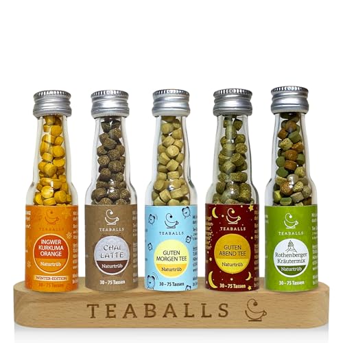 TEABALLS Bio Tee Set Big Pure mit 5er Ingwer Kurkuma Orange, Chai Latte, Guten Morgen + Abend, Rothenberger Kräutertee + gratis Holzaufsteller Geschenkset 150-375 Tassen organic tea von Teaballs