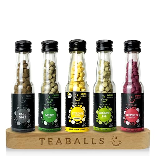 TEABALLS Tee Set Big Classic mit 5er Set Earl Grey, Minze, Zitrone, Grüner Tee, Hibiskus + gratis Holzaufsteller Geschenkset ergibt 150-375 Tassen heißer Tee Eistee ohne Zucker pflanzlich Instant Tea von Teaballs