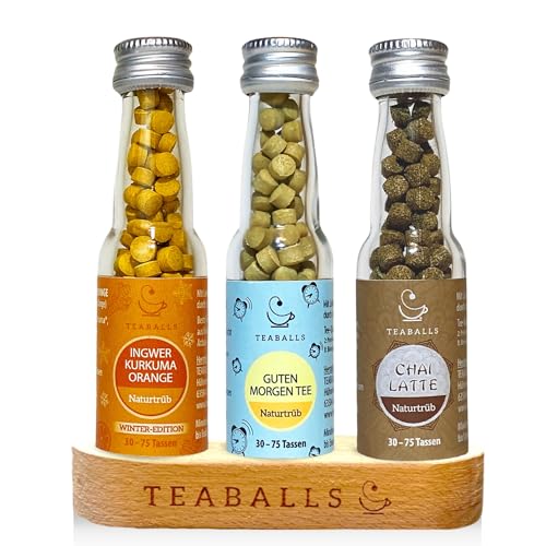 TEABALLS® Tee Set Feel Good mit 3er Set Ingwer-Kurkuma-Orange, Chai Latte, Guten Morgen + Holzaufsteller Geschenkset ergibt ca 90-225 Tassen Biotee zuckerfrei Kräutertee von Teaballs