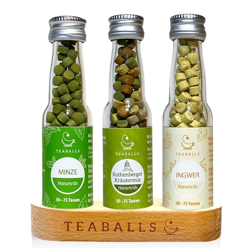 TEABALLS® Tee Set Kräuter mit 3x Minze, Ingwer, Rothenberger Kräutertee + Holzaufsteller Geschenkset ergibt 90-225 Tassen heißer Biotee ohne Zucker 100% pflanzlicher organic tea von Teaballs