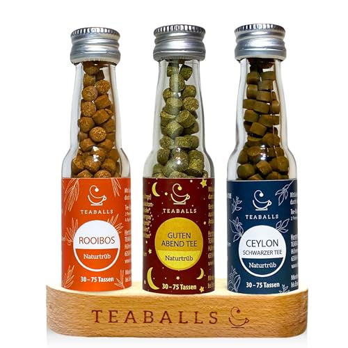 TEABALLS Tee Set Relax mit 3 er Set Rooibos, Ceylon, Guten Abend + Holzaufsteller Geschenkset ergibt ca 90-225 Tassen heißen Biotee ohne Zucker 100% pflanzlich beruhigend von Teaballs